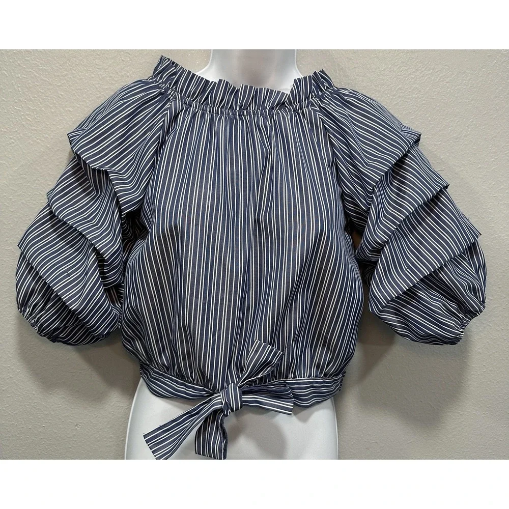 Habitual Girls' Blouse Size 14 Blue & White Striped Pullover Puffed 3/4 Sleeves